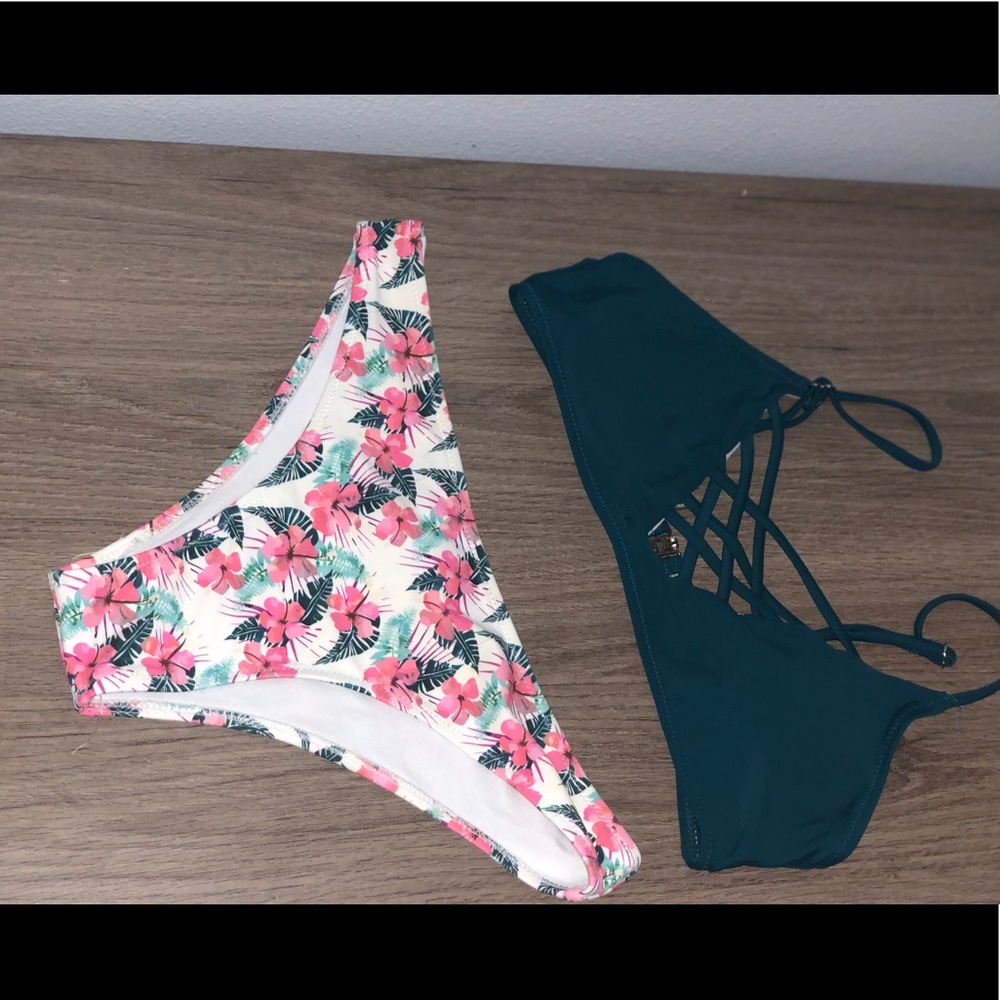 teal/white flower and leaf bottoms bikini